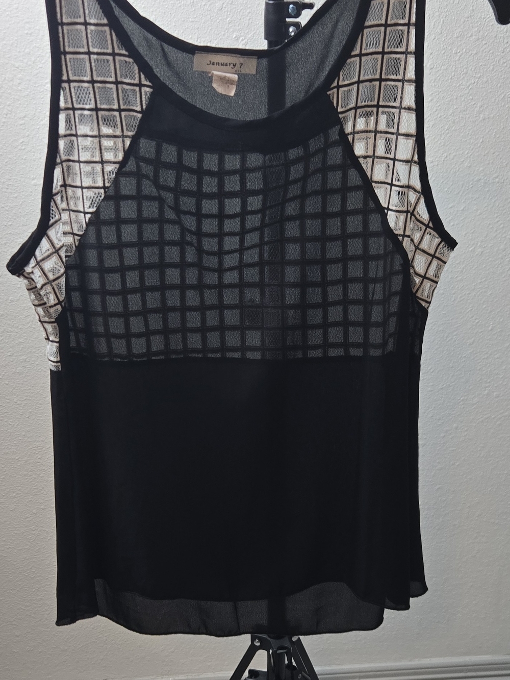 January 7 Black Sheer Tank with Beige Grid Panels